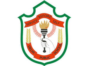 Delhi Public School emblem featuring a hand holding a torch, flanked by wheat stalks, with the motto "Service Before Self" on a red ribbon.