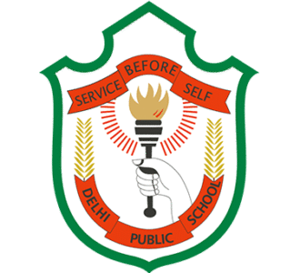 Delhi Public School emblem featuring a hand holding a torch, flanked by wheat stalks, with the motto 