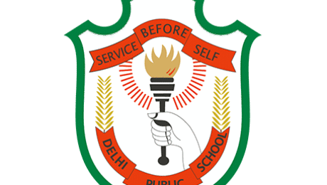 Delhi Public School emblem featuring a hand holding a torch, flanked by wheat stalks, with the motto 