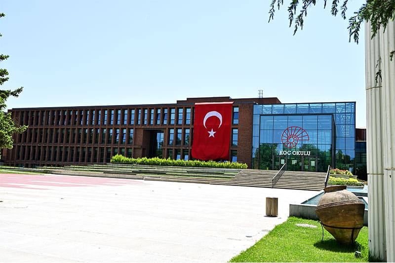 Front view of VKV Koç Özel Okulu with Turkish flag displayed on the building