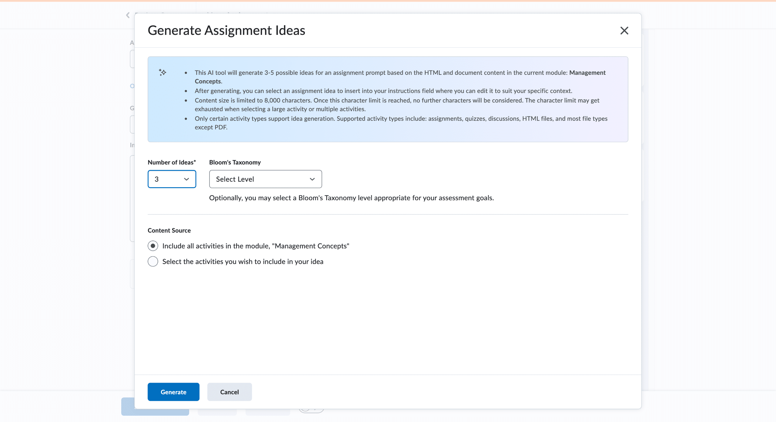 Generate Assignment Ideas window showing AI options to select number of ideas, Bloom’s Taxonomy level, and content source for the module Management Concepts