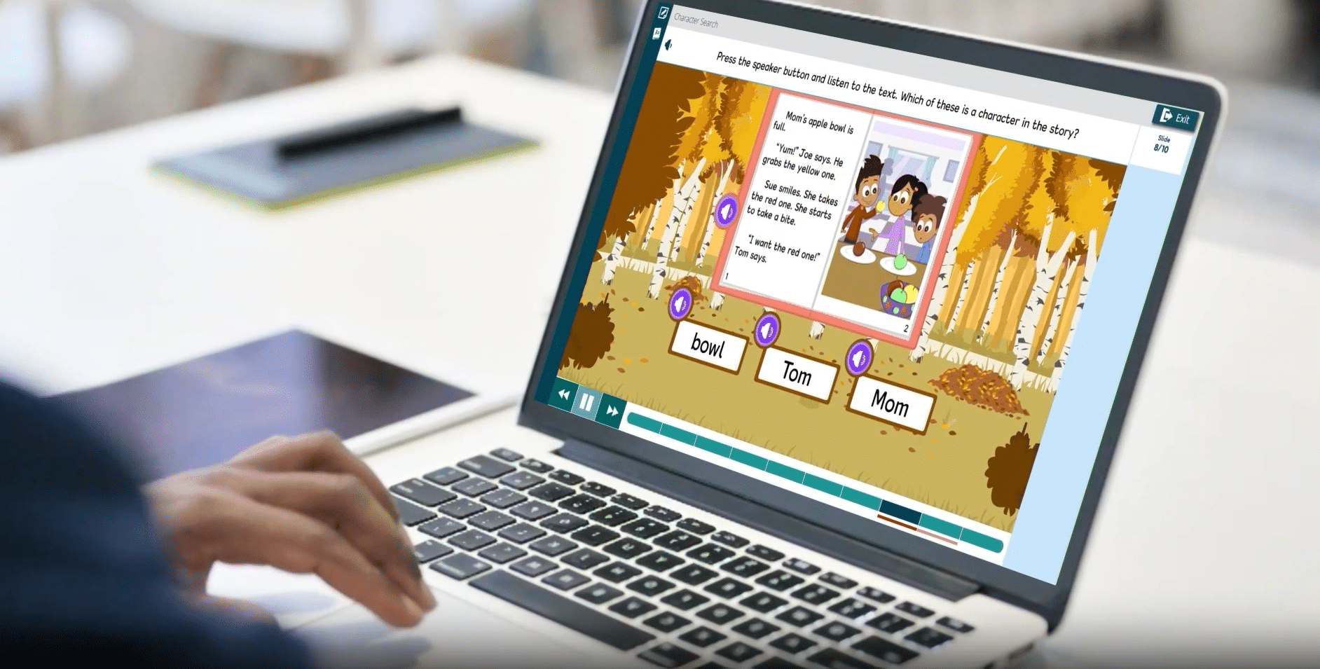 Person using a laptop to interact with an educational game, showing a colorful story with text options.