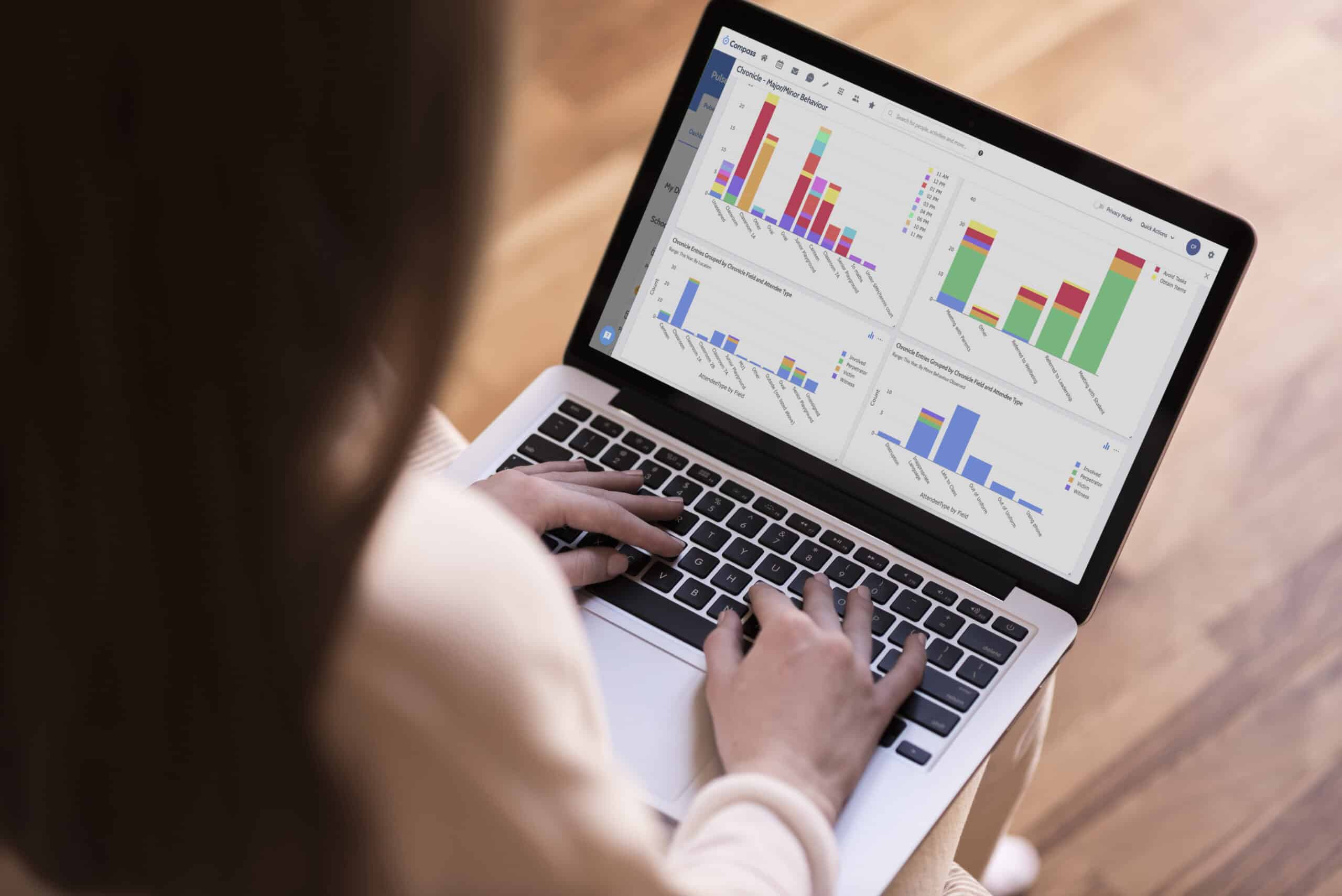 A person using a laptop with various colorful bar charts and graphs displayed on the screen, analyzing data.