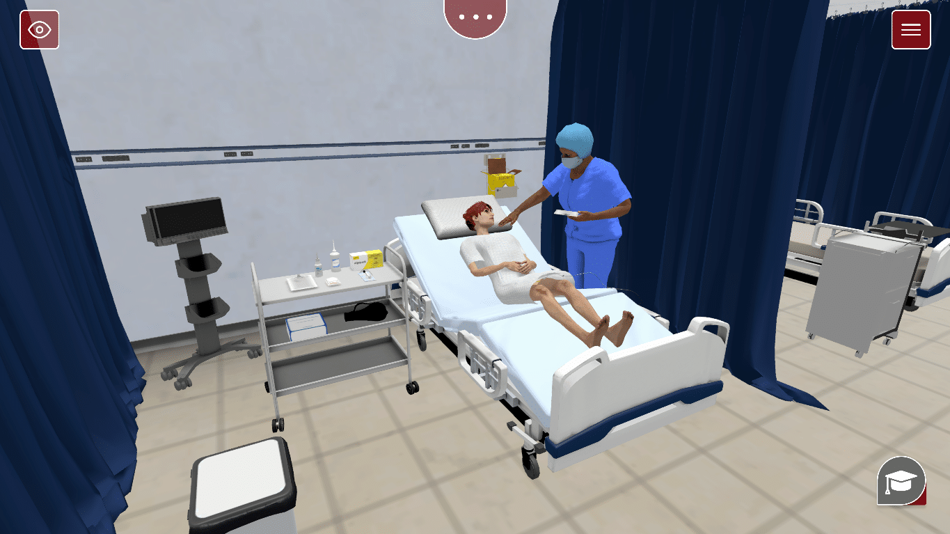3D Medical Simulation Showing Nurse Attending to Patient in Hospital Bed