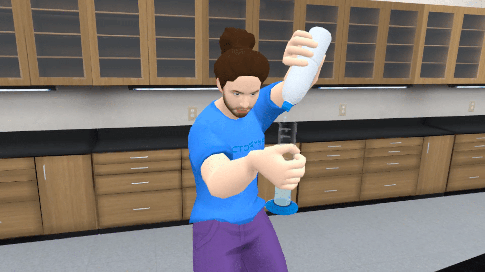 Animated character in a virtual lab environment pouring liquid into a graduated cylinder
