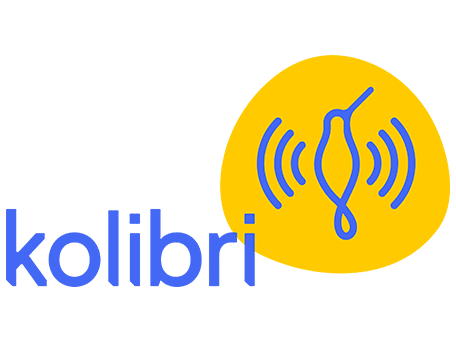 Kolibri logo featuring a stylized bird emitting sound waves on a blue and yellow background.