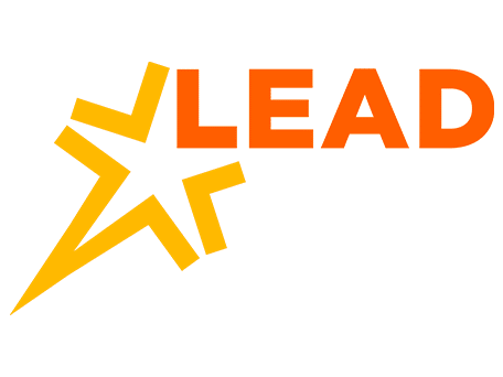 LEAD logo with star and bold lettering in orange and yellow. LEAD logo with a star and dynamic text design in orange and yellow colors.