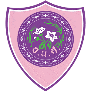 Amnuay Silpa School emblem featuring a shield with purple and pink colors, adorned with floral designs and the school's initials in Thai.