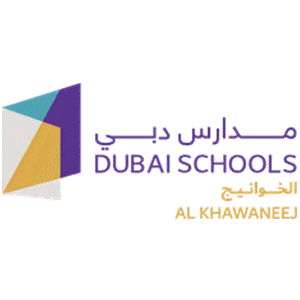 Dubai Schools Al Khawaneej logo with geometric shapes in purple, teal, and gold