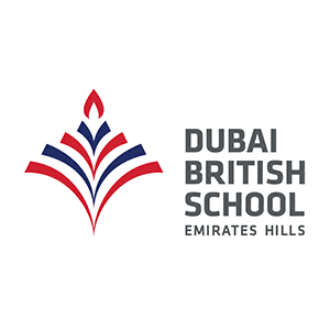 Dubai British School Emirates Hills logo with red and blue abstract design