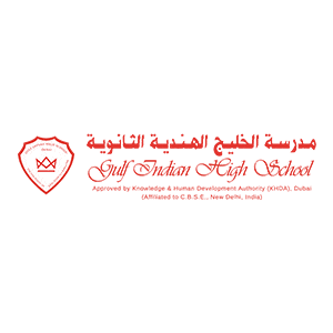 Logo of Gulf Indian High School, Dubai, featuring the Arabic and English names, with an emblem and affiliation details.