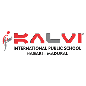 Kalvi International Public School logo with red and grey text and abstract figure