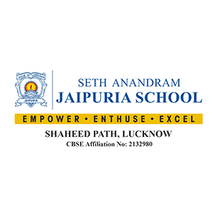 eth Anandram Jaipuria School logo with tagline Empower, Enthuse, Excel. Located at Shaheed Path, Lucknow, CBSE Affiliation No: 2132980.