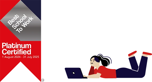 Best School to Work Platinum Certified badge valid from 1 August 2024 to 31 July 2025 alongside an illustration of a student using a laptop