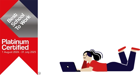 Best School to Work Platinum Certified badge valid from 1 August 2024 to 31 July 2025 with illustration of a student using a laptop