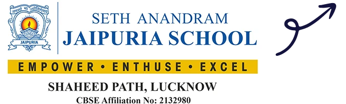 Seth Anandram Jaipuria School logo with tagline 'Empower, Enthuse, Excel' and location at Shaheed Path, Lucknow.