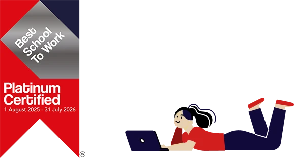 Best School to Work Platinum Certified  with illustration of a student using a laptop