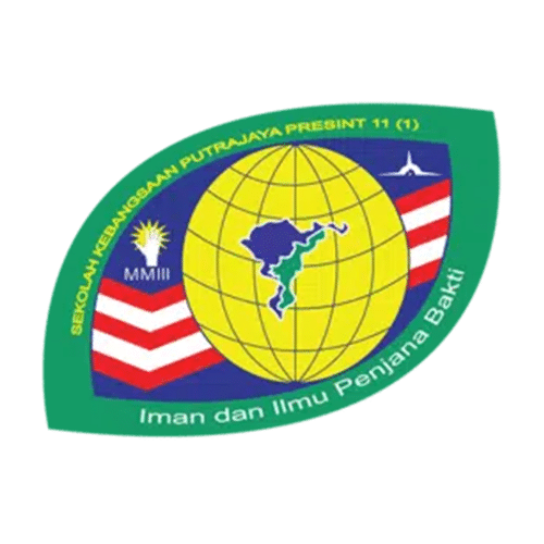 Sekolah Kebangsaan Putrajaya Presint 11 logo with globe, map of Malaysia, and motto Iman dan Ilmu Penjana Bakti