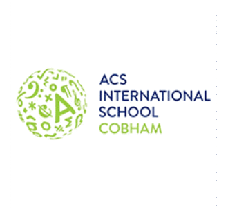 Logo of ACS International School Cobham in Surrey, England, featuring a green globe made of educational symbols and the school name in blue and green text.