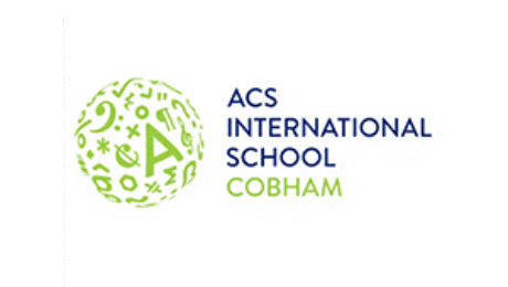 Logo of ACS International School Cobham in Surrey, England, featuring a green globe made of educational symbols and the school name in blue and green text.