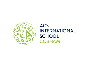 Logo of ACS International School Cobham in Surrey, England, featuring a green globe made of educational symbols and the school name in blue and green text.