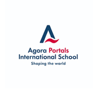 Agora Portals International School logo with stylized blue A and red wave design
