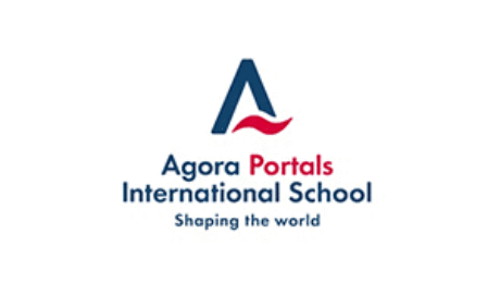 Agora Portals International School logo with stylized blue A and red wave design