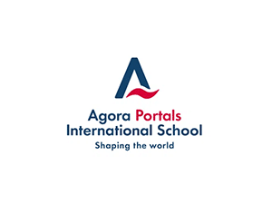 Agora Portals International School logo with stylized blue A and red wave design