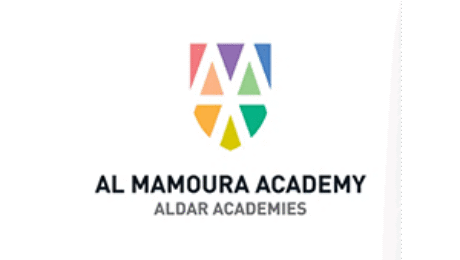 Al Mamoura Academy logo with colorful geometric shield and Aldar Academies text