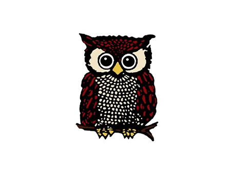 Owl Logo – Symbol of Wisdom and Learning Illustrated owl logo featuring red and white feathers with large eyes, symbolizing wisdom, learning, and knowledge.