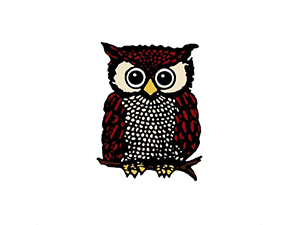 Illustrated owl logo featuring red and white feathers with large eyes, symbolizing wisdom, learning, and knowledge.