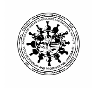 Emblem of Booker T. Washington Agriculture and Industrial Institute featuring a circular seal with silhouettes symbolizing education, industry, and progress.