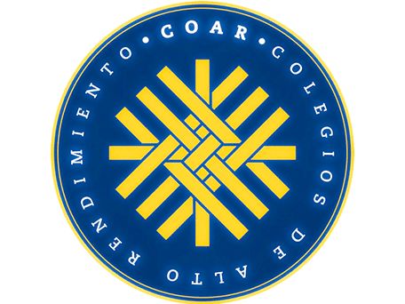 Logo of COAR, Colegios de Alto Rendimiento, featuring a yellow geometric pattern on a blue circular background