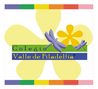Colegio Valle de Filadelfia logo with dragonflies and yellow flower design