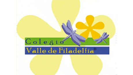 Colegio Valle de Filadelfia logo with dragonflies and yellow flower design