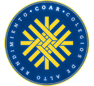 Logo of COAR, Colegios de Alto Rendimiento, featuring a yellow geometric pattern on a blue circular background