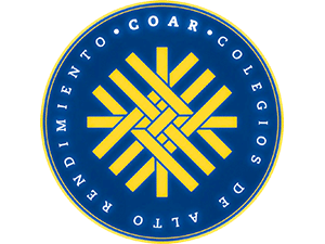 Logo of COAR, Colegios de Alto Rendimiento, featuring a yellow geometric pattern on a blue circular background