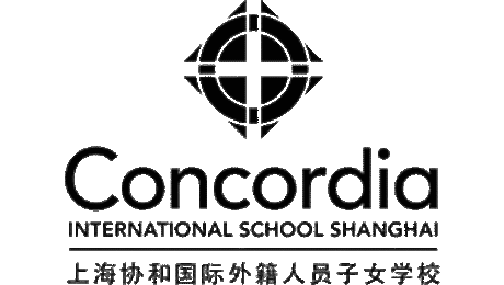 Concordia International School Shanghai logo with geometric cross emblem and bilingual text
