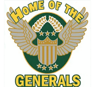 Home of the Generals school logo with golden wings and shield emblem