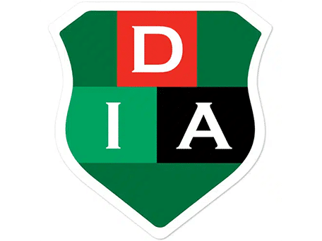 DIA school crest with red, green, and black shield design