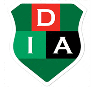 DIA school crest with red, green, and black shield design