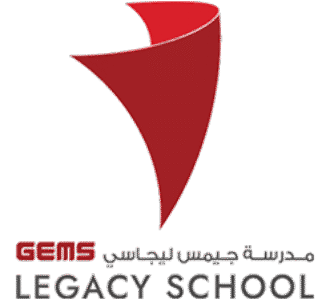 GEMS Legacy School logo with red abstract shape and bilingual English Arabic text