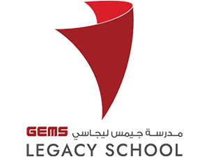 GEMS Legacy School logo with red abstract shape and bilingual English Arabic text