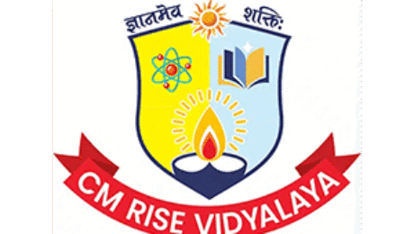 CM Rise Vidyalaya logo with shield showing book, atom, and lamp symbols