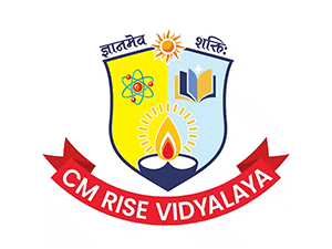 CM Rise Vidyalaya logo with shield showing book, atom, and lamp symbols
