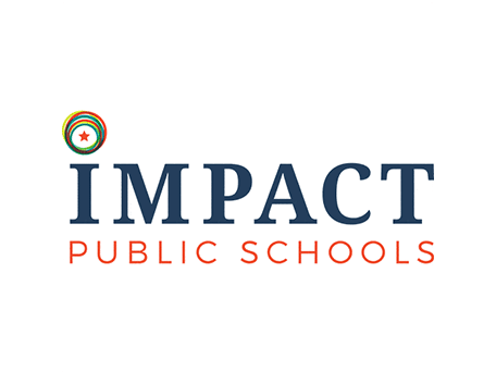 Logo of Impact Public Schools featuring bold navy text with a colorful circular emblem, representing innovation, diversity, and community education.