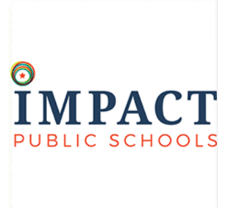 Logo of Impact Public Schools featuring bold navy text with a colorful circular emblem, representing innovation, diversity, and community education.