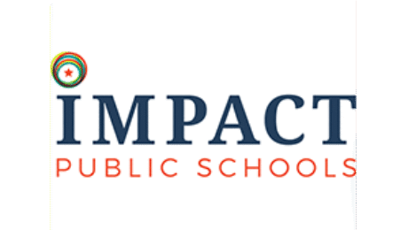 Logo of Impact Public Schools featuring bold navy text with a colorful circular emblem, representing innovation, diversity, and community education.