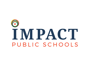 Logo of Impact Public Schools featuring bold navy text with a colorful circular emblem, representing innovation, diversity, and community education.
