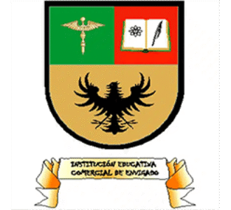 Institución Educativa Comercial de Envigado school crest with eagle, book, and quill